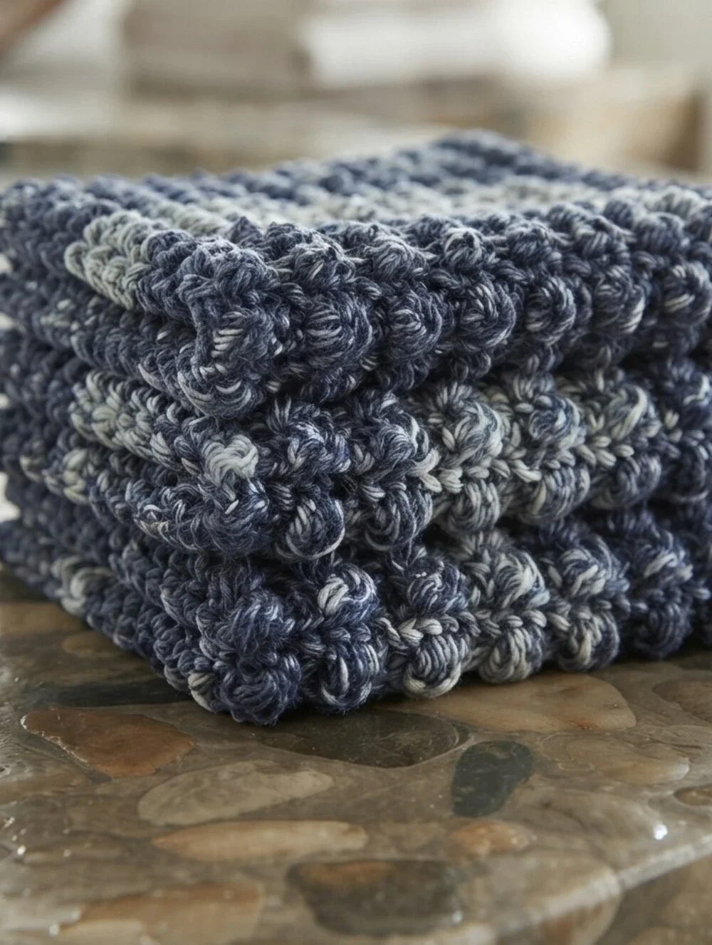 Handcrafted Textured Crochet Dishcloth Set 8x8 Eco-Friendly Cotton Blue Ombre